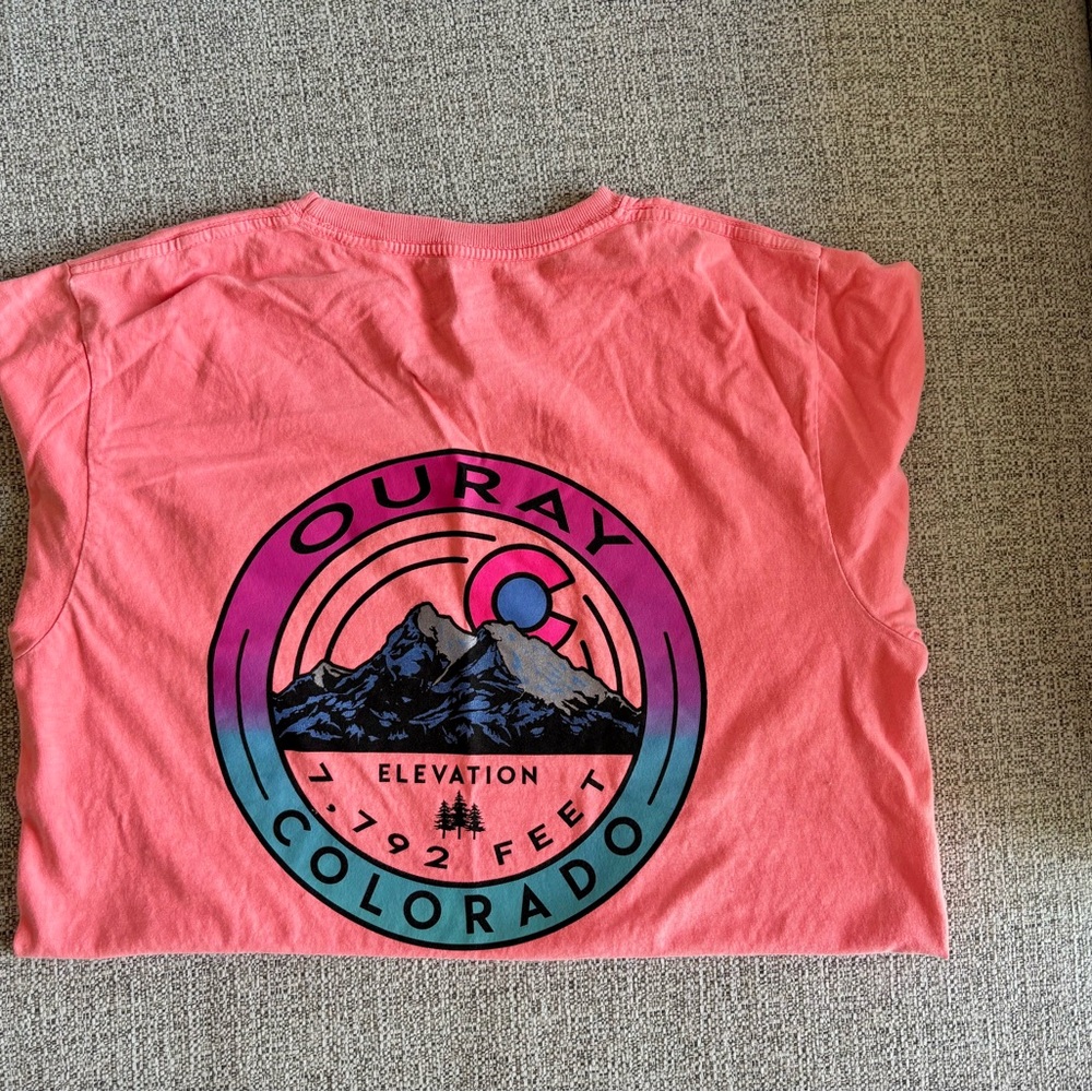 Coral Graphic Tee with Mountain Design